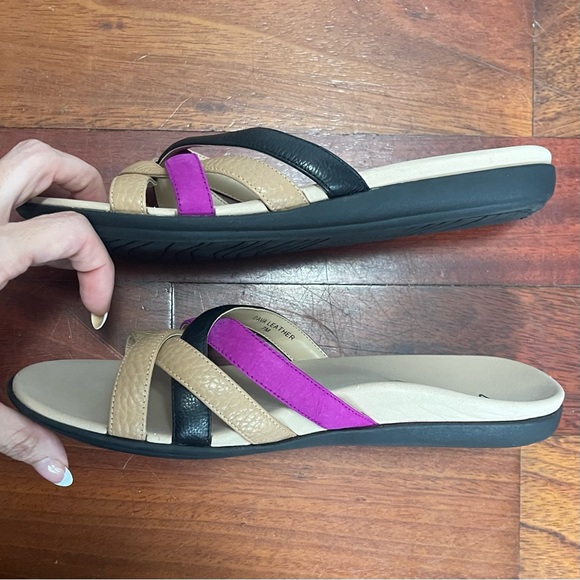 Vionic Dava Leather Sandals Size 7 Flats Strappy Summer Black Tan Purple - Picture 8 of 11